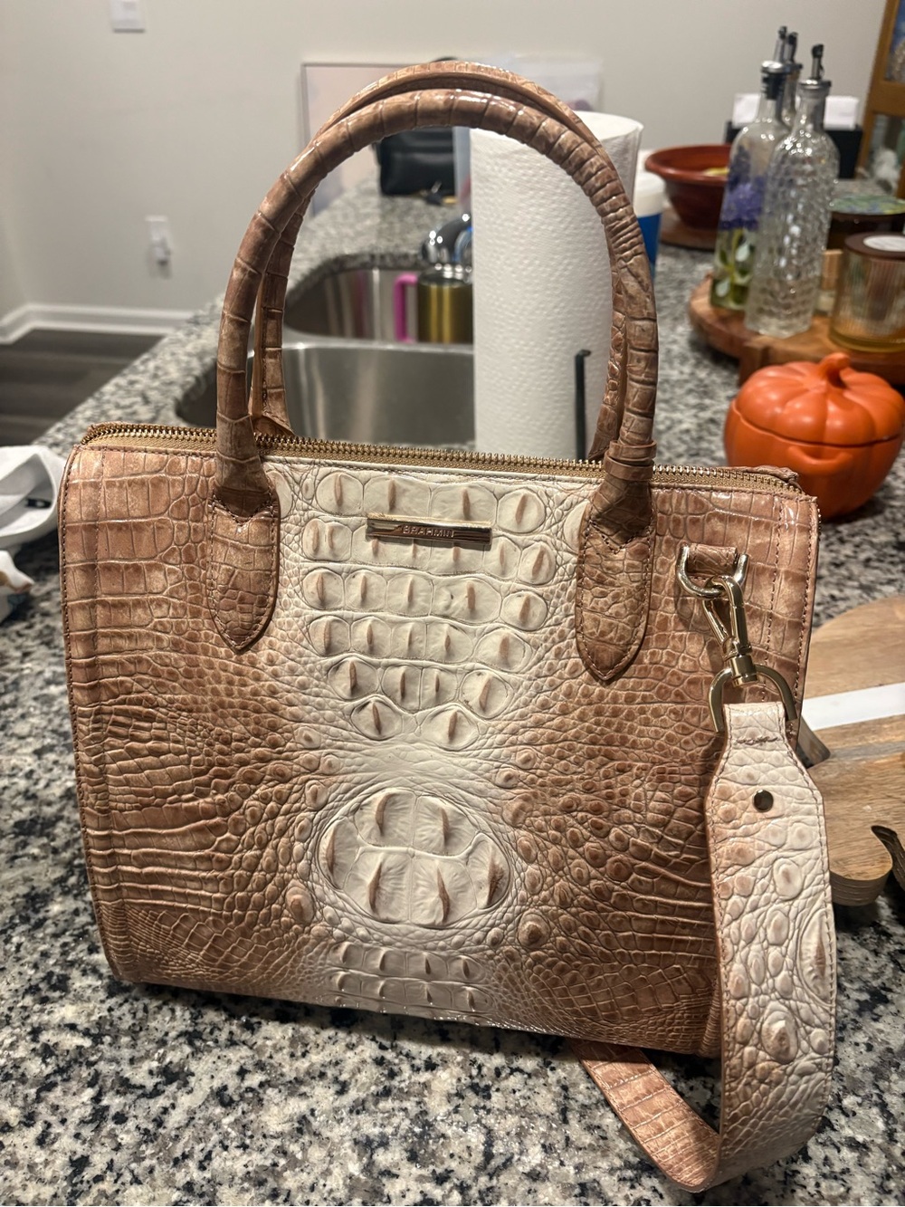 Brahmin Tan and Cream Croc-Embossed Satchel with Detachable Strap